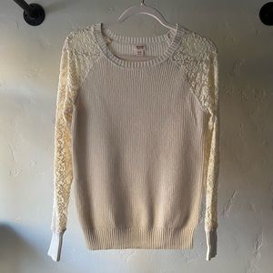 Cream Knit Sweater with Lace Sleeves